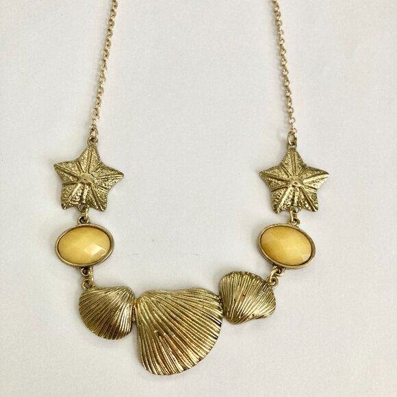 Gold Sea Shell Starfish Bib Necklace Plated Sea Life Island Nautical Beach 20" - Picture 7 of 14